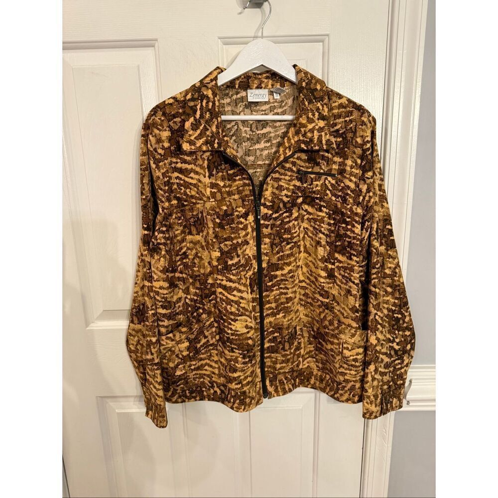 Zenergy by Chico’s Brown & Tan Abstract Camo Style Jacket sz 3 or XL